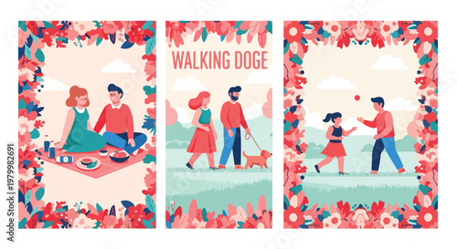 Flat vector illustration of people enjoying outdoor activities, walking doge and family picnic banners, summer park leisure scenes with floral frames