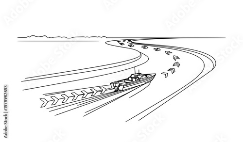 Black and white river launch boat navigating curved water path vector illustration with movement concept