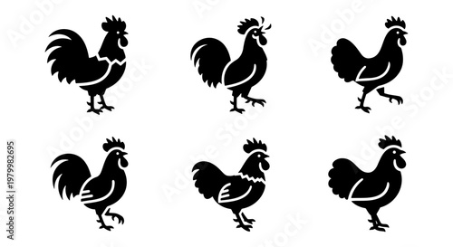 Rooster silhouette icons set, black farm bird vector illustrations, 6 rooster poses for organic food branding and rustic farm logos