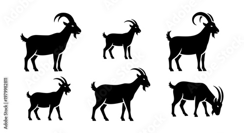 Black goat silhouette collection, set of 6 farm animal vector icons, horned mountain goat silhouettes for rustic logo design and farming graphics