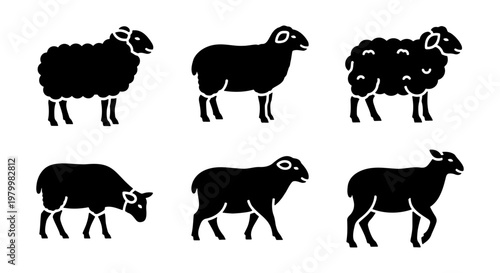 Black sheep silhouette icons set, farm animal vector collection with 6 elements, woolly ram and ewe livestock graphics for agriculture branding