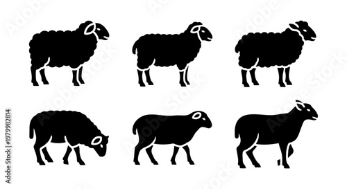 Black sheep silhouette collection, set of 6 farm animal vector icons, woolly ram and ewe livestock graphics for agriculture and farming design