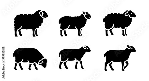 Black sheep silhouette collection, 6 farm animal vector icons, minimalist ram and ewe livestock graphics for agriculture branding