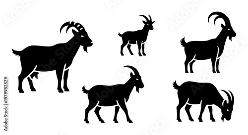 Goat silhouette collection, set of 5 black farm animal icons, mountain goat and billy goat vector graphics, livestock silhouettes for logo design