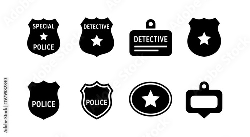 Police badge vector icon set, detective shield and law enforcement emblems, 8 black silhouette security symbols for web and print design