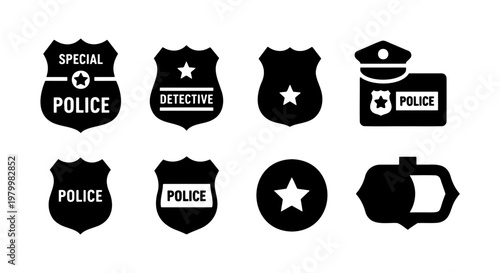 Police badge icon set, black law enforcement shield symbols, detective and special officer security emblems, 8 vector elements for authority