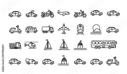 Transportation outline icon set land air and water vehicles black and white editable stroke vector