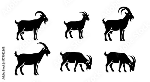 Goat silhouette collection, set of 6 farm animal vector icons, black livestock silhouettes with horns, rustic goat farm branding elements