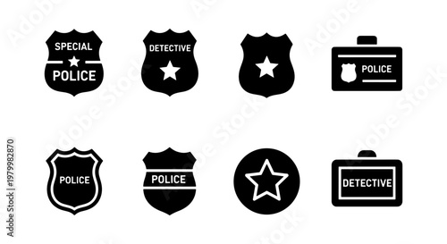 Police badge icon set with 8 vector elements, black detective shield symbols and law enforcement identification signs for security design