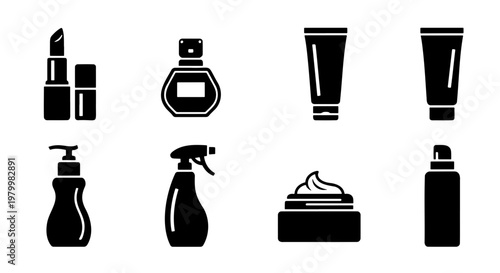Cosmetic packaging icons set, black silhouette beauty product symbols, 8 vector elements for skincare and makeup branding, minimalist toiletry bottle signs