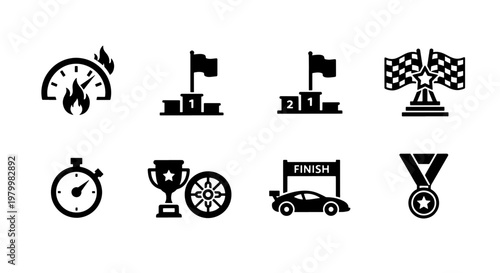 Racing and competition icon set, 8 black vector symbols for automotive sports, championship trophy and finish line elements for tournament design