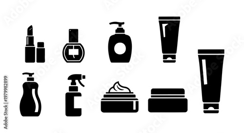 Minimalist cosmetic icons set, black silhouette beauty product packaging vectors, skincare bottles and makeup containers for web design