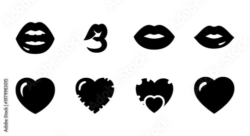 Minimalist black lips and heart icons set, 8 vector elements for beauty and romance, flat silhouette mouth and love symbols for web design
