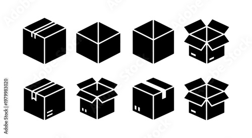 Cardboard box icon set, black isometric shipping parcel symbols, collection of 8 delivery package vectors for logistics and ecommerce