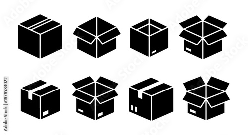 Cardboard box icon set with 8 black vector elements, isometric shipping carton symbols, open and closed delivery package icons for logistics
