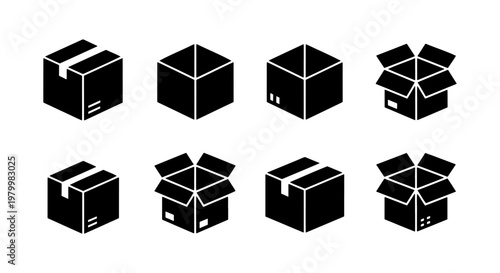 Minimalist cardboard box icon set, black delivery package vector silhouettes, collection of 8 shipping carton symbols for logistics and e-commerce