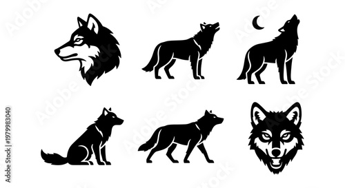 Black wolf silhouette vector set, 6 howling and sitting wolf icons, minimalist wild animal head illustrations, predatory timber wolf mascot graphics