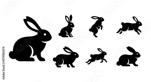 Rabbit silhouette vector collection, 7 black bunny icons in various poses, jumping and sitting hare set for Easter and nature designs