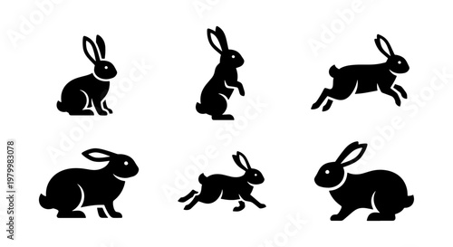 Black rabbit silhouette collection, set of 6 bunny icons in various poses, minimalist hare vector graphics for Easter and nature branding
