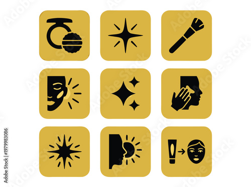 Set of Nine Beauty and Skincare Icons Featuring Makeup Tools and Facial Treatments.