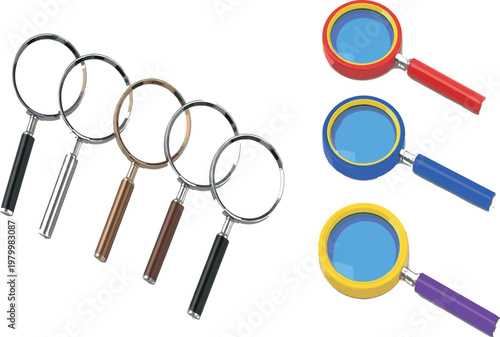 Set of colorful and realistic magnifying glasses with different handles and styles vector illustration search tool collection isolated on background