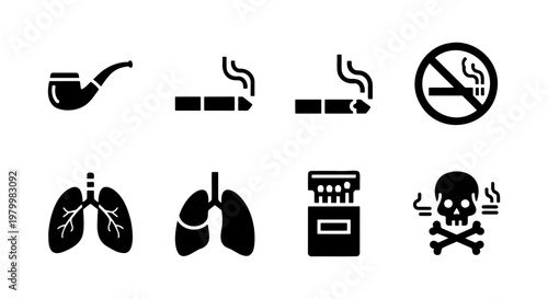 Smoking and health risk icon set, 8 black solid vector elements, cigarette and tobacco addiction symbols, lung cancer and no smoking signs