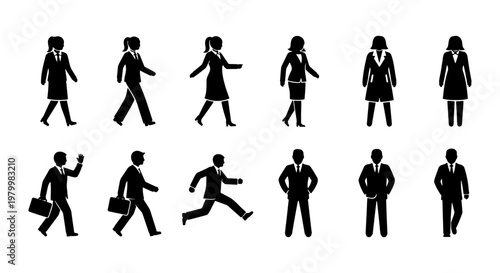 Professional business people silhouettes, set of 12 corporate office worker icons, walking and standing businessmen and businesswomen vector figures
