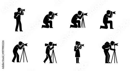 Professional photographer silhouette icons, set of 8 camera operator pictograms, people taking photos with tripods and dslr cameras, black vector symbols