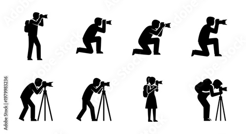 Photographer silhouette icon set, professional cameraman and paparazzi figures, 8 vector elements of people taking photos with cameras and tripods