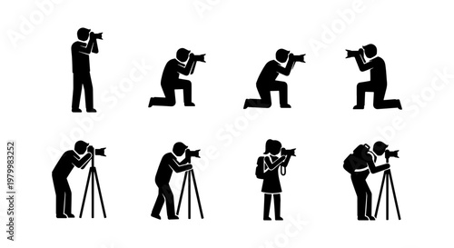 Photographer silhouette icon set, professional cameraman and paparazzi stick figures, 8 vector elements of people taking photos with cameras and tripods
