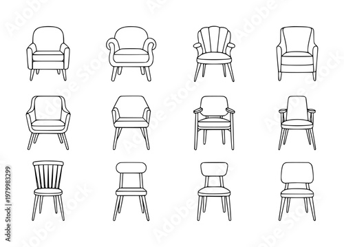 Collection of outline of various chairs and armchairs a white background furniture