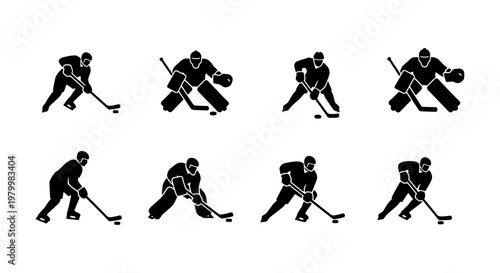 Ice hockey player silhouettes set, 8 black icons of professional athletes in action, goalie and skater vector elements for sports design