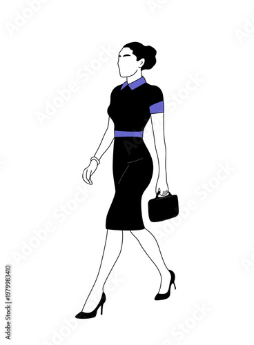 Elegant woman strides confidently in a sleek black dress. Her posture conveys purpose and poise, hands relaxed at her sides. Briefcase in hand suggests professional engagement or daily commute