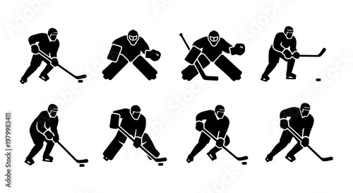 Photography Ice hockey player silhouettes set, 8 black icons of professional athletes and go
