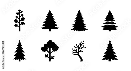 Minimalist pine tree silhouettes, set of 8 evergreen forest icons, black conifer and deciduous tree vector shapes, nature landscape design elements