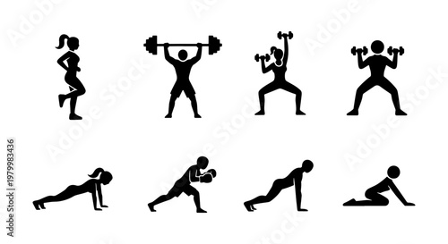 Fitness gym workout icons set, black silhouette people exercising with weights, 8 vector athlete figures for sports training and bodybuilding