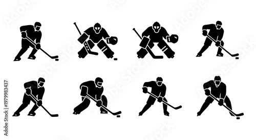 Ice hockey player silhouettes set, 8 black icons of professional athletes in action, goalie and skater vector elements for sports branding