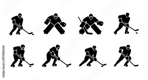 Ice hockey player silhouettes set, 8 black vector icons of professional athletes and goalies, winter sports action figures for team logos and competition branding