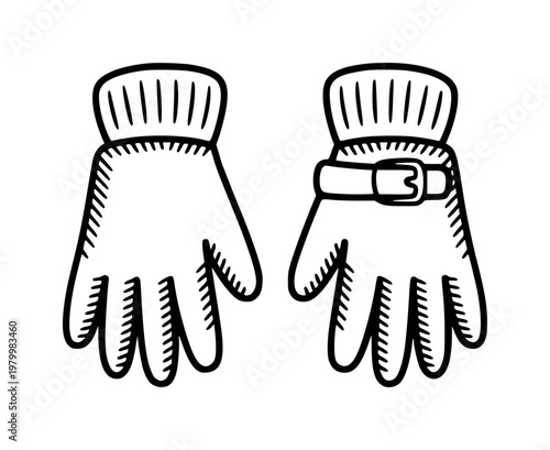 Hand drawn black outline winter gloves with ribbed cuffs and buckle detail white background