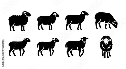 Black sheep silhouette icons, set of 8 farm animal vector graphics, minimalist livestock symbols for agriculture branding and wool industry logos