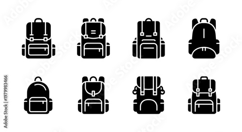 Minimalist backpack icon set, black solid rucksack silhouettes for travel and education, 8 hiking bag vector elements for web design