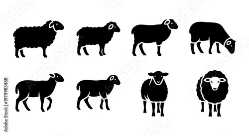 Black sheep silhouette icons, set of 8 farm animal vector illustrations, minimalist livestock symbols for agriculture and wool production branding