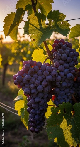 Photorealistic Purple Grapes Hanging in a Sunlit Vineyard