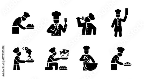 Professional chef silhouette icons set, 8 culinary worker glyph symbols, restaurant kitchen staff cooking and food preparation vector illustrations