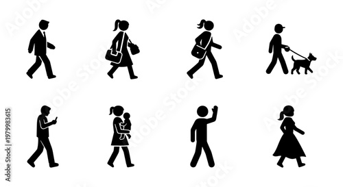 Pedestrian silhouette icons set, walking people figures in black pictograms, 8 urban lifestyle character elements for city map and architectural rendering