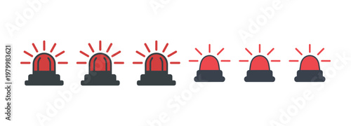 Set of red warning lights with radiating beams on white background with light beams. Simple flat design elements for alerts, danger, and attention.