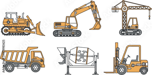 Heavy construction machinery and vehicles set with excavator bulldozer crane dump truck concrete mixer and forklift