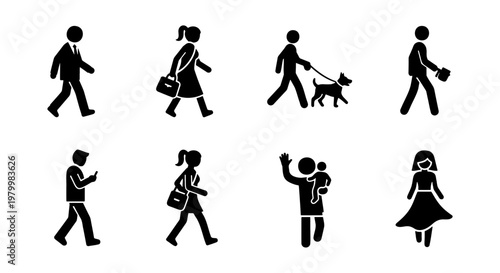 Walking people silhouette icons, set of 8 pedestrian vector figures, diverse men and women in motion, urban lifestyle stick figures for wayfinding