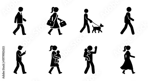 Walking people silhouette icons, set of 8 black stick figure pictograms, diverse pedestrians strolling and commuting, flat vector human figures