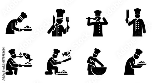 Professional chef icon set with 8 black solid vector silhouettes, culinary expert characters cooking and tasting food, restaurant staff symbols